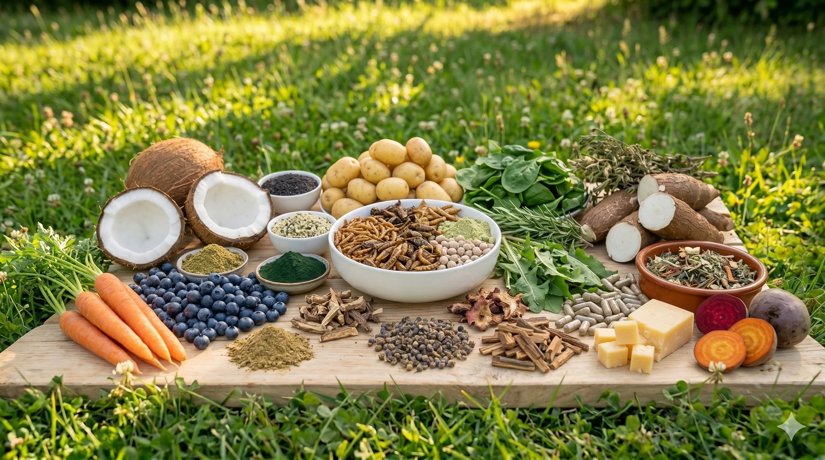 BugBell gesundes insekten Hundefutter alle Zutaten auf einem Brett auf einer Wiese: Kokos, Heidelbeere, Grünlippmuschel, Spirulina, Tapioka, Insekten, Raps, Rote Bete, Käse, Mönchspfeffer, Spinat, Hanf, Karotte, Kartoffel, Rosmarin, Zistrosenkraut