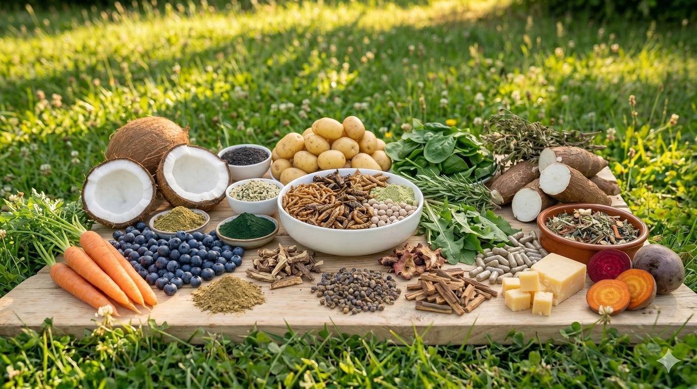 BugBell gesundes insekten Hundefutter alle Zutaten auf einem Brett auf einer Wiese: Kokos, Heidelbeere, Grünlippmuschel, Spirulina, Tapioka, Insekten, Raps, Rote Bete, Käse, Mönchspfeffer, Spinat, Hanf, Karotte, Kartoffel, Rosmarin, Zistrosenkraut