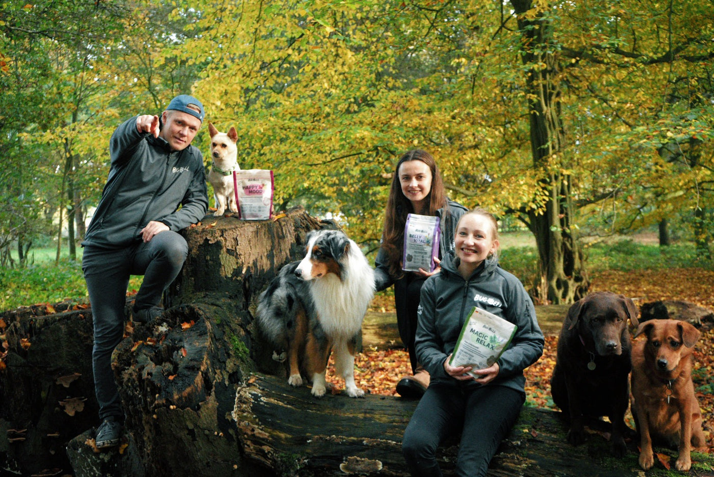 BugBell Team mit Hunden präsentiert gutes Hundefutter