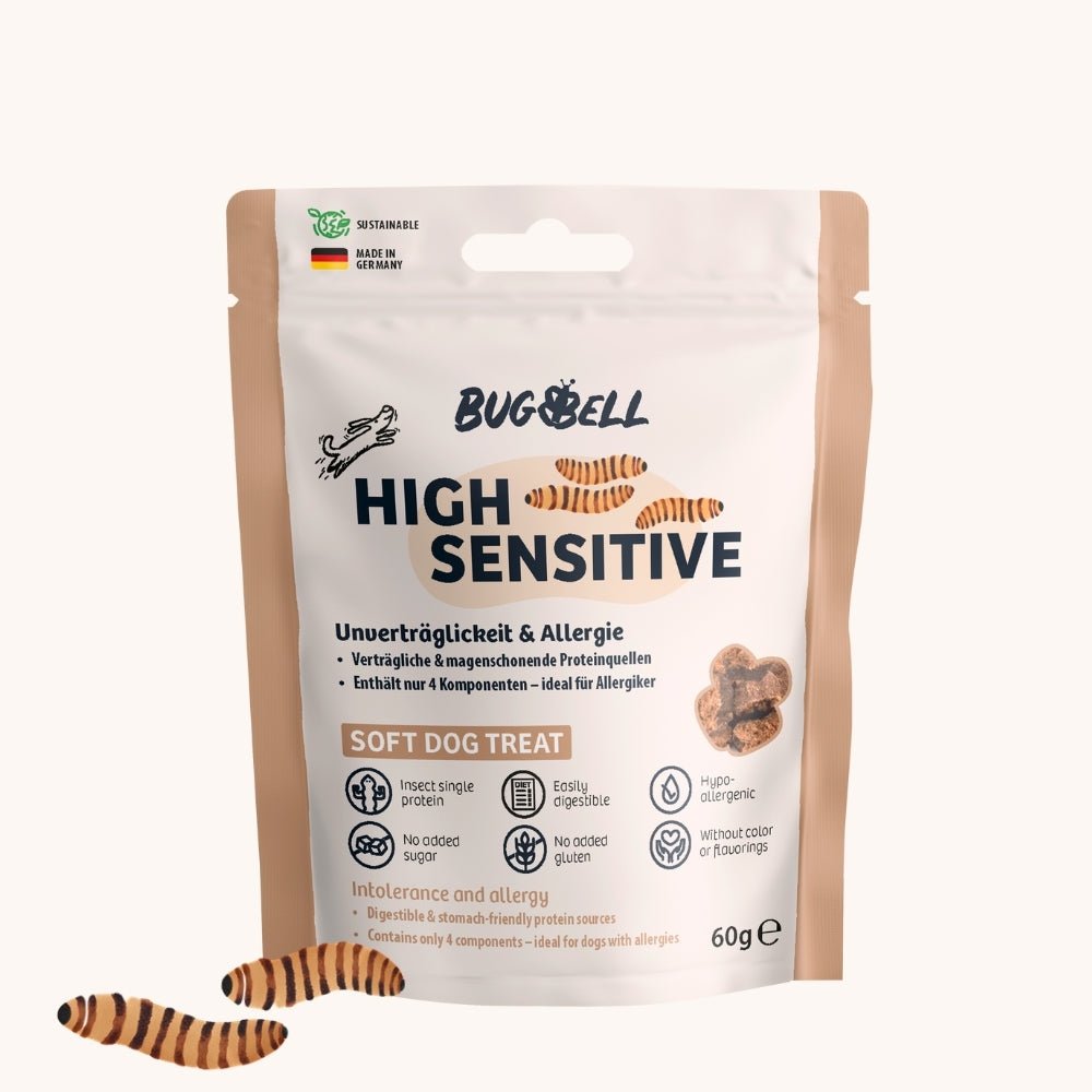 BugBell High Sensitive Soft Dog Treats sind ideal für Hunde mit Unverträglichkeiten und Allergien. Mit leicht verdaulichem Insektenprotein, hypoallergen und ohne künstliche Zusätze. Unterstützt eine magenfreundliche Ernährung und enthält nur wenige ausgewählte Komponenten.