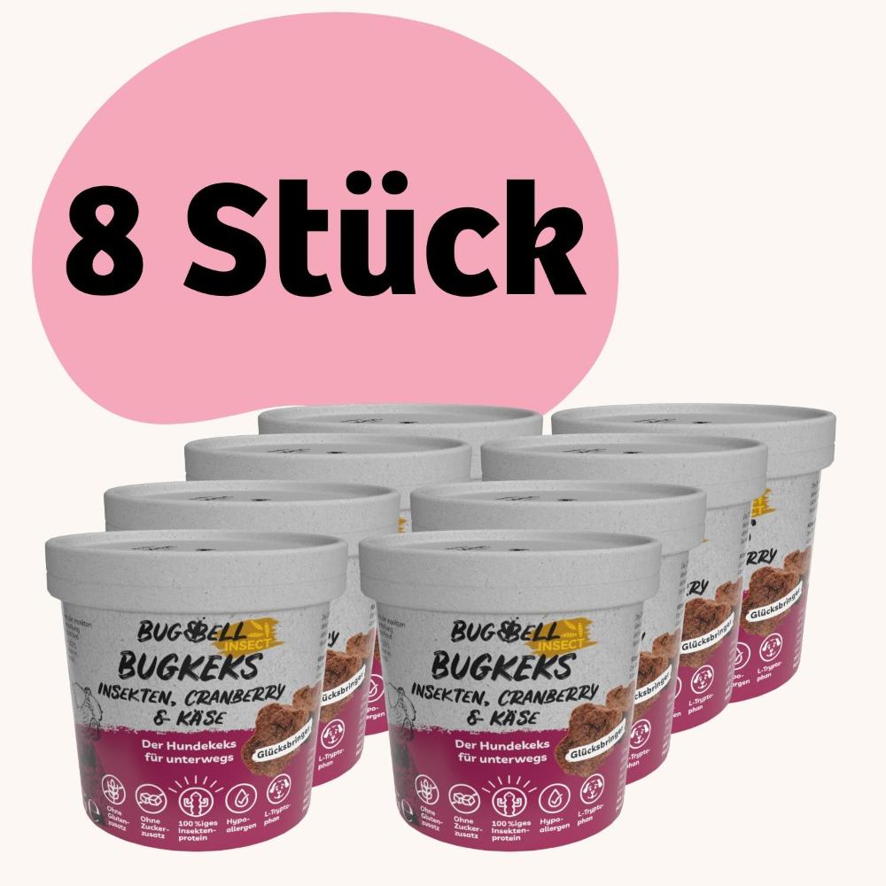 BugBell BugKeks Bundle (8 Stück): Leckere Hundekekse mit Insektenprotein, Cranberry und Käse. Gesund, hypoallergen und ideal für unterwegs. Unterstützt das Wohlbefinden deines Hundes und ist die perfekte Belohnung für zwischendurch.