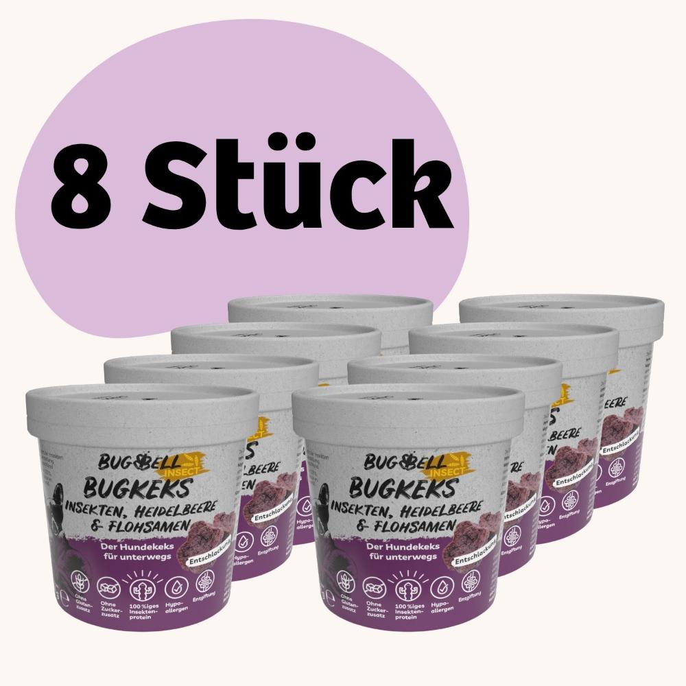 BugBell BugKeks Bundle (8 Stück): Hundekekse mit Insektenprotein, Heidelbeeren und Flohsamenschalen. Perfekt für unterwegs – gesund, hypoallergen und voller Nährstoffe. Unterstützt die Verdauung und bietet eine leckere Belohnung für deinen Hund.