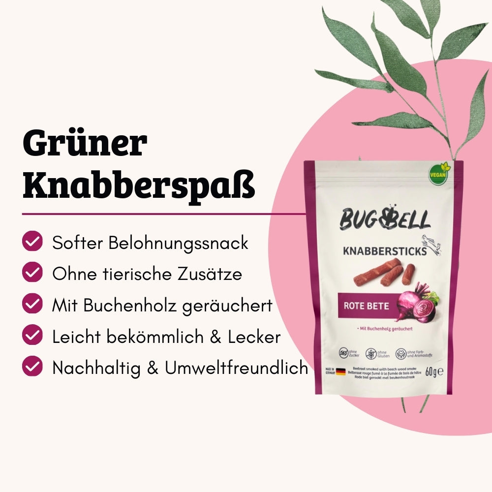 Der grüne Knabberspaß von BugBell ist ein weicher, leckerer Belohnungssnack ohne tierische Zusätze, schonend mit Buchenholz geräuchert, leicht bekömmlich und umweltfreundlich – perfekt für eine nachhaltige Hundeernährung.