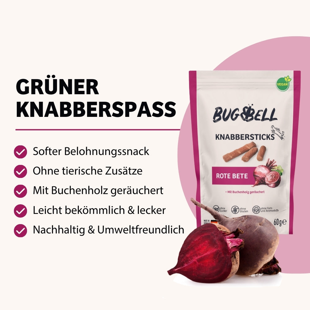 Der grüne Knabberspaß von BugBell ist ein weicher, leckerer Belohnungssnack ohne tierische Zusätze, schonend mit Buchenholz geräuchert, leicht bekömmlich und umweltfreundlich – perfekt für eine nachhaltige Hundeernährung.