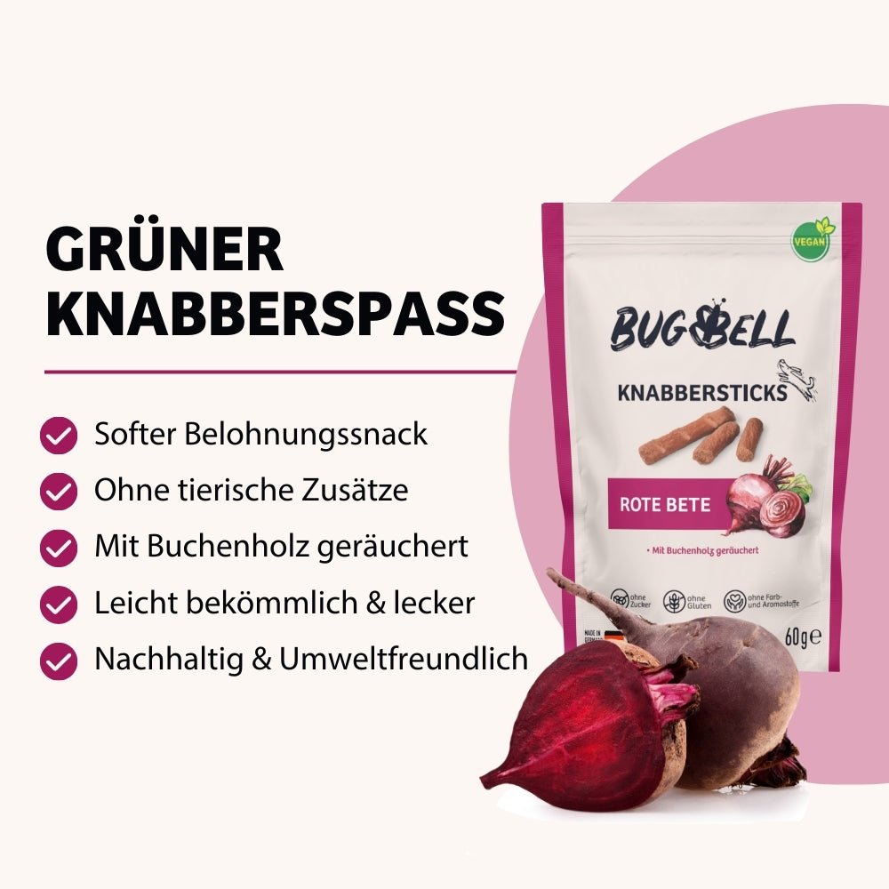 Der grüne Knabberspaß von BugBell ist ein weicher, leckerer Belohnungssnack ohne tierische Zusätze, schonend mit Buchenholz geräuchert, leicht bekömmlich und umweltfreundlich – perfekt für eine nachhaltige Hundeernährung.
