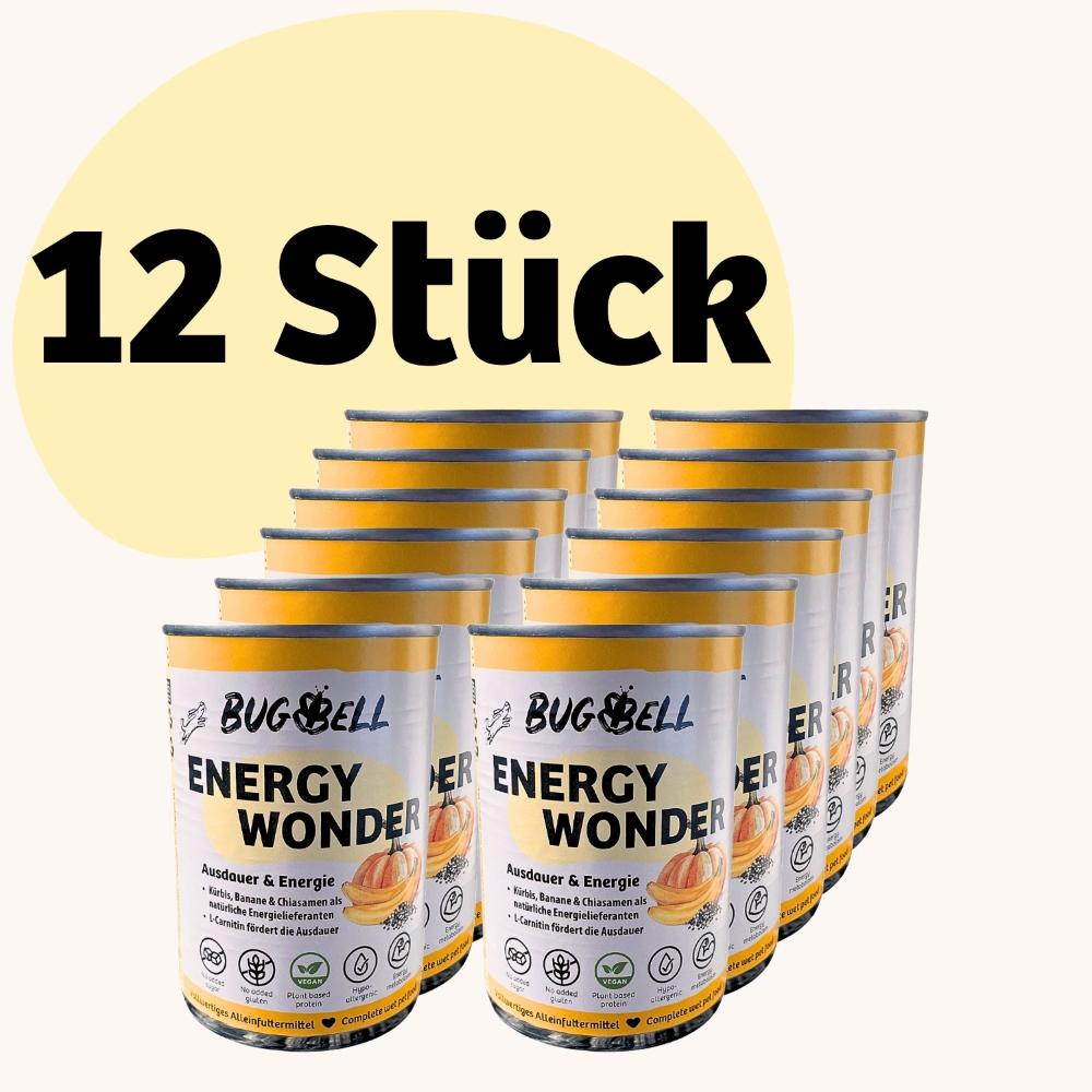 Energy Wonder Nassfutter von BugBell, im praktischen 12-Stück-Bundle, bietet Kürbis, Banane und Chiasamen als natürliche Energielieferanten und enthält L-Carnitin zur Förderung der Ausdauer Ihres Hundes.