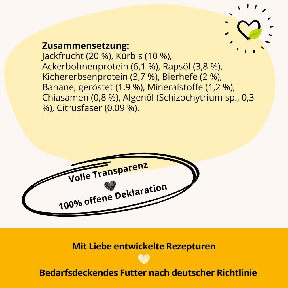BugBell's Rezeptur mit Jackfrucht, Kürbis und Ackerbohnenprotein bietet eine pflanzliche, nährstoffreiche Ernährung. Mit Chiasamen und Algenöl für Omega-3-Fettsäuren und Bierhefe zur Unterstützung der Verdauung. Transparente Deklaration für maximale Vertrauenswürdigkeit.