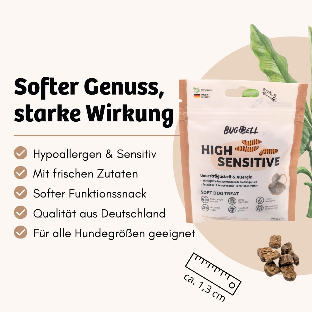 BugBell High Sensitive ist der perfekte Funktionssnack für empfindliche Hunde. Hypoallergen, mit frischen Zutaten und Qualität aus Deutschland – ideal für alle Hundegrößen. Sanfter Genuss mit starker Wirkung