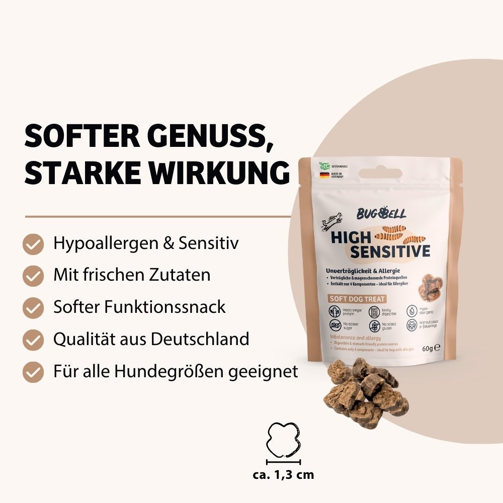 BugBell High Sensitive ist der perfekte Funktionssnack für empfindliche Hunde. Hypoallergen, mit frischen Zutaten und Qualität aus Deutschland – ideal für alle Hundegrößen. Sanfter Genuss mit starker Wirkung