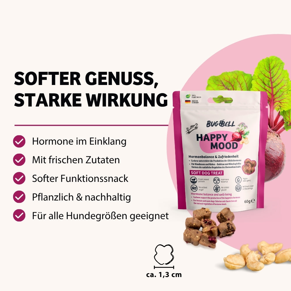 HappyMood von BugBell ist ein weicher Funktionssnack mit frischen Zutaten, der Hormone in Einklang bringt.