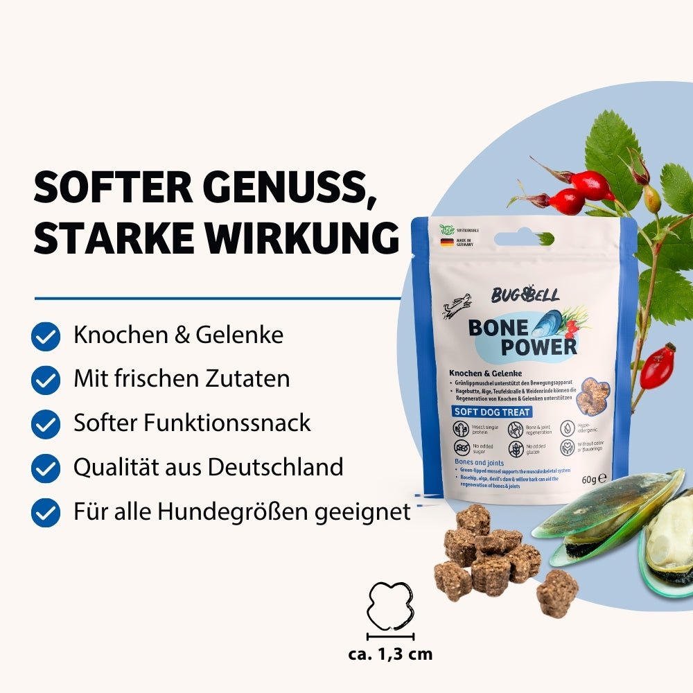 BugBell Bone Power bietet einen soften Genuss mit starker Wirkung für Knochen und Gelenke. Hergestellt mit frischen Zutaten in Deutschland, geeignet für alle Hundegrößen. Perfekt für die Unterstützung der Mobilität deines Hundes.
