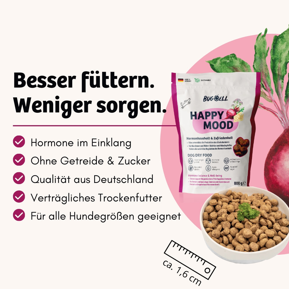 Happy Mood Trockenfutter von BugBell bietet Gesundheit in jedem Bissen. Es fördert eine optimale Hormonbalance, ist ohne Getreide und Zucker, bietet Qualität aus Deutschland und ist für Hunde jeder Größe geeignet.