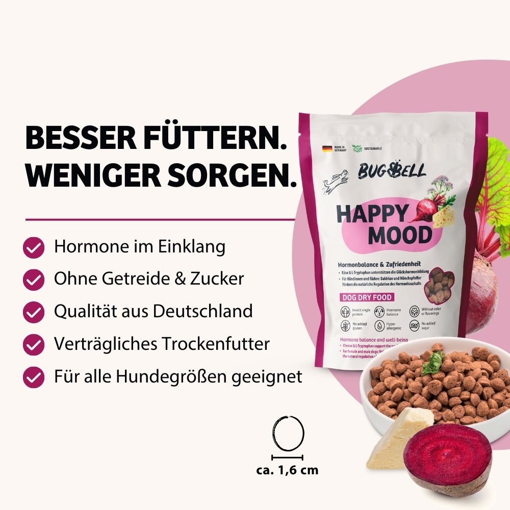 Happy Mood Trockenfutter von BugBell bietet Gesundheit in jedem Bissen. Es fördert eine optimale Hormonbalance, ist ohne Getreide und Zucker, bietet Qualität aus Deutschland und ist für Hunde jeder Größe geeignet.