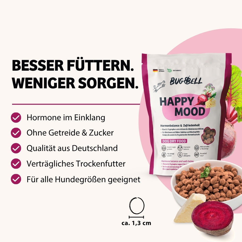 Happy Mood Trockenfutter von BugBell bietet Gesundheit in jedem Bissen. Es fördert eine optimale Hormonbalance, ist ohne Getreide und Zucker, bietet Qualität aus Deutschland und ist für Hunde jeder Größe geeignet.
