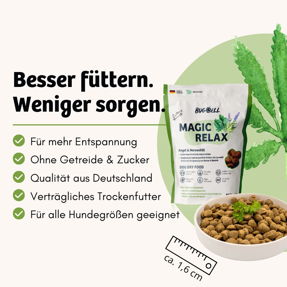 Magic Relax Trockenfutter von BugBell fördert Entspannung und Wohlbefinden bei Hunden. Es ist getreide- und zuckerfrei, bietet Qualität aus Deutschland und ist ein verträgliches Trockenfutter für Hunde jeder Größe.
