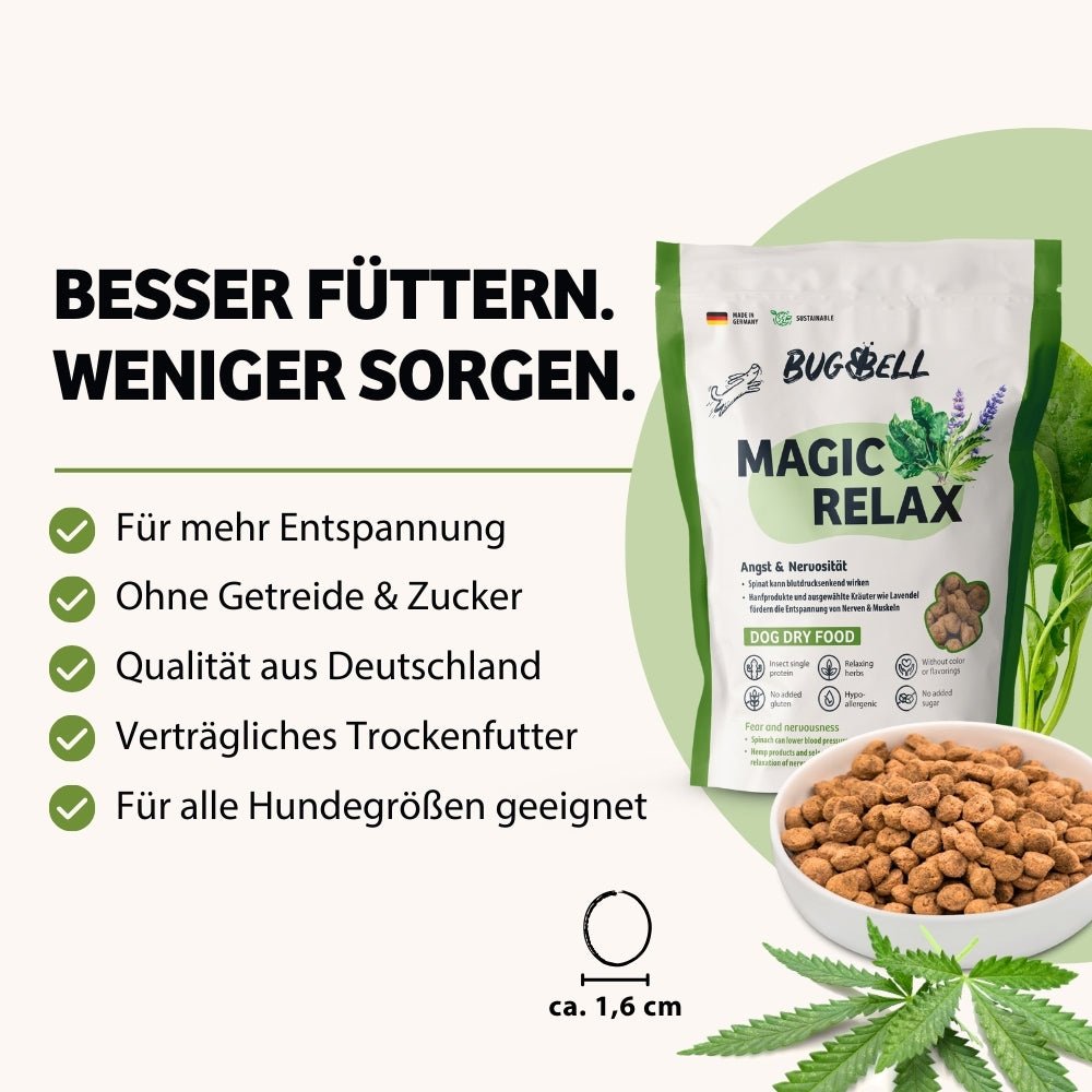 MagicRelax Trockenfutter von BugBell fördert Entspannung und Wohlbefinden bei Hunden. Es ist getreide- und zuckerfrei, bietet Qualität aus Deutschland und ist ein verträgliches Trockenfutter für Hunde jeder Größe.