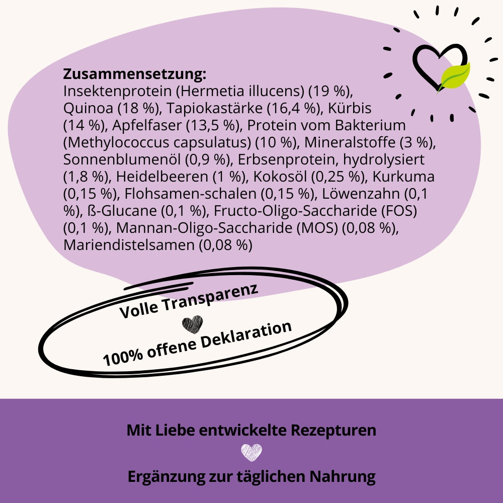 BugBell Trockenfutter mit Insektenprotein, Quinoa, Kürbis und Heidelbeeren bietet hochwertige Nährstoffe. Mit Flohsamenschalen, Kurkuma und Löwenzahn für Verdauung und Wohlbefinden. Transparente Deklaration für eine bewusste Ernährung deines Hundes.