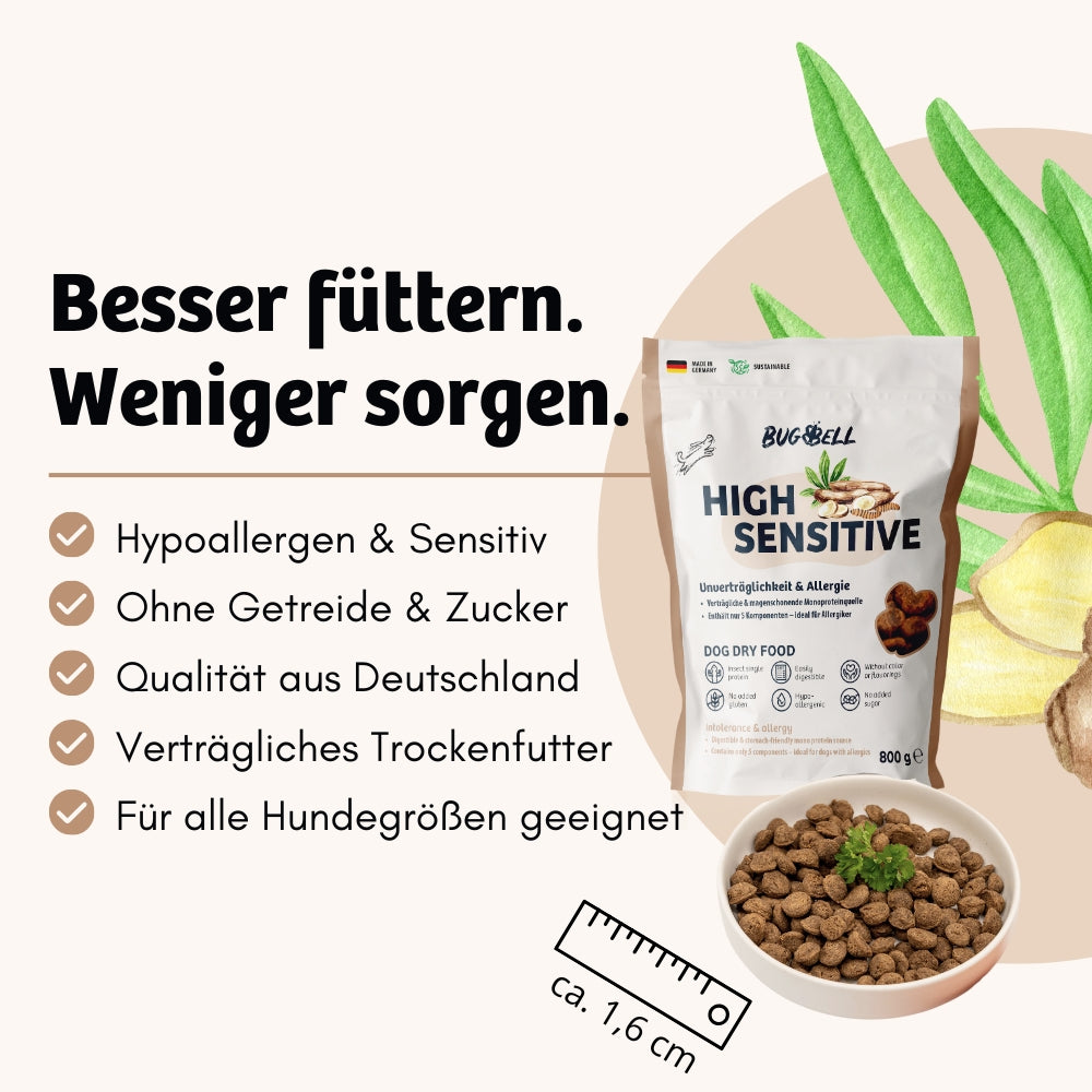 High Sensitive Trockenfutter von BugBell ist hypoallergen und sensitiv, ideal für Hunde mit Unverträglichkeiten. Es ist getreide- und zuckerfrei, bietet höchste Qualität aus Deutschland und ist für alle Hundegrößen geeignet.