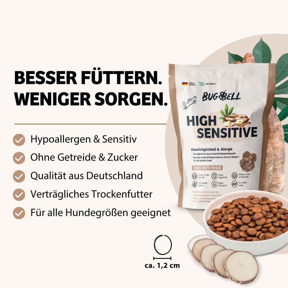 HighSensitive Trockenfutter von BugBell ist hypoallergen und sensitiv, ideal für Hunde mit Unverträglichkeiten. Es ist getreide- und zuckerfrei, bietet höchste Qualität aus Deutschland und ist für alle Hundegrößen geeignet.