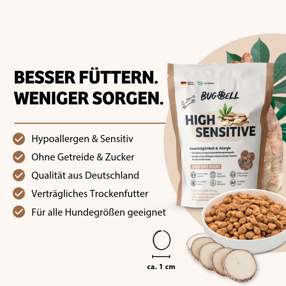 HighSensitive Trockenfutter von BugBell ist hypoallergen und sensitiv, ideal für Hunde mit Unverträglichkeiten. Es ist getreide- und zuckerfrei, bietet höchste Qualität aus Deutschland und ist für alle Hundegrößen geeignet.
