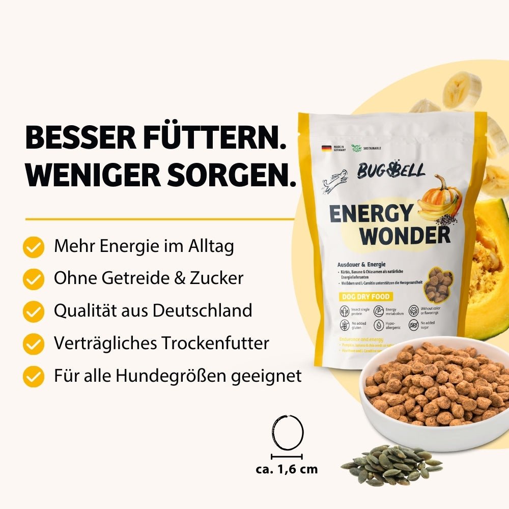 Das Trockenfutter Energy Wonder von BugBell bietet Gesundheit in jedem Bissen – es ist getreidefrei, zuckerfrei, liefert mehr Energie im Alltag und steht für höchste Qualität aus Deutschland. Dieses verträgliche Trockenfutter ist für alle Hundegrößen geeignet.