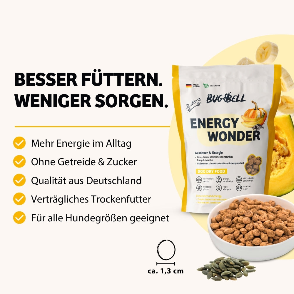 Das Trockenfutter Energy Wonder von BugBell bietet Gesundheit in jedem Bissen – es ist getreidefrei, zuckerfrei, liefert mehr Energie im Alltag und steht für höchste Qualität aus Deutschland. Dieses verträgliche Trockenfutter ist für alle Hundegrößen geeignet.