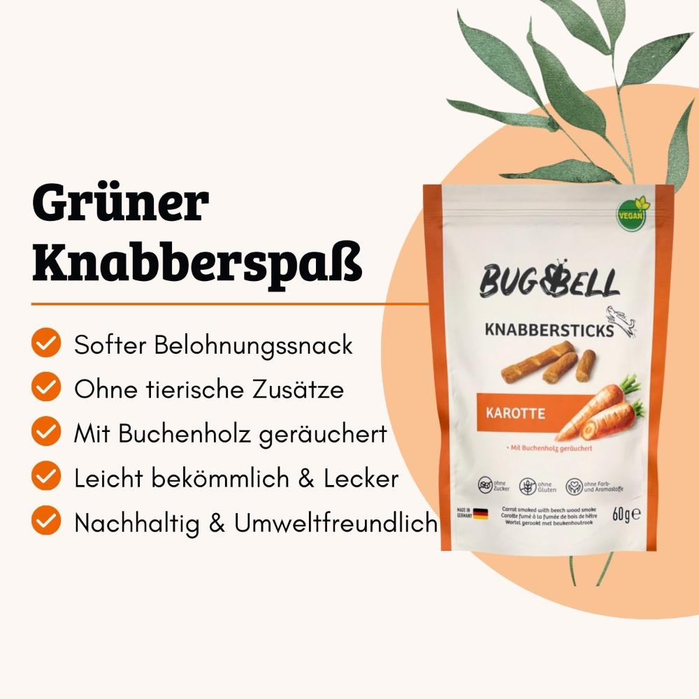 Die Knabbersticks Karotte von BugBell bieten grünen Knabberspaß, sind ein weicher Belohnungssnack ohne tierische Zusätze, schonend mit Buchenholz geräuchert, leicht bekömmlich, nachhaltig und umweltfreundlich – ideal für eine gesunde Hundeernährung.