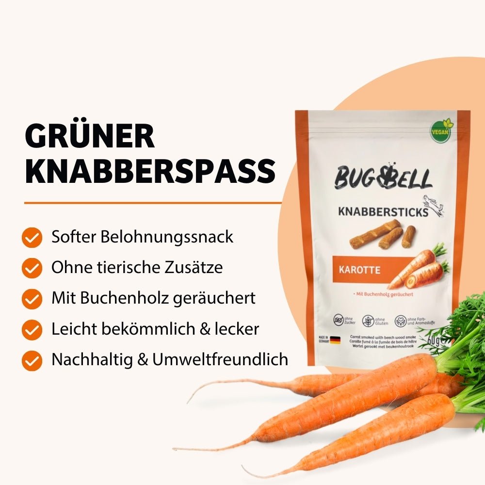 Die Knabbersticks Karotte von BugBell bieten grünen Knabberspaß, sind ein weicher Belohnungssnack ohne tierische Zusätze, schonend mit Buchenholz geräuchert, leicht bekömmlich, nachhaltig und umweltfreundlich – ideal für eine gesunde Hundeernährung.