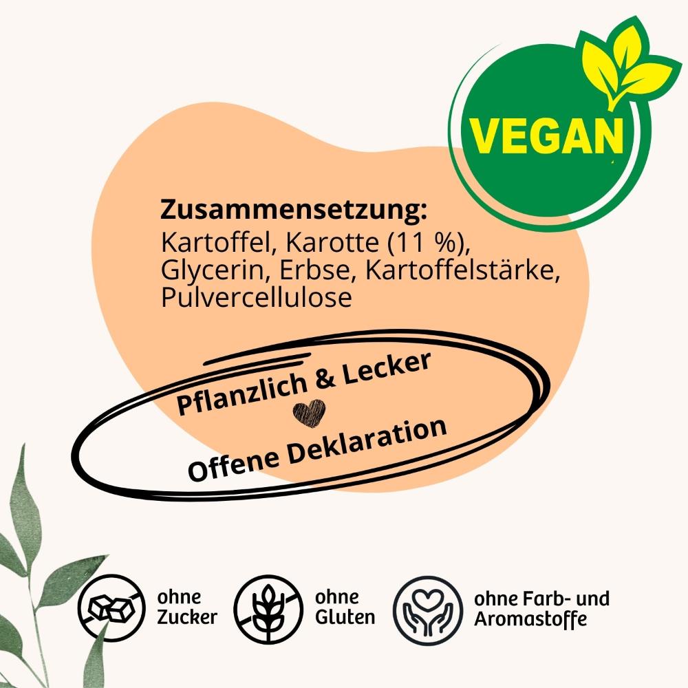 Zusammensetzung Veganes Hundefutter 100% Pflanzlich und Lecker mit offener Deklaration. Hundefutter ohne Zucker ohne Gluten und ohne Farb und Aromastoffe. Zusammensetzung besteht aus Kartoffeln, Karotten, Glycerin, Erbsen, Kartoffelstärke und Pulvercellulose.