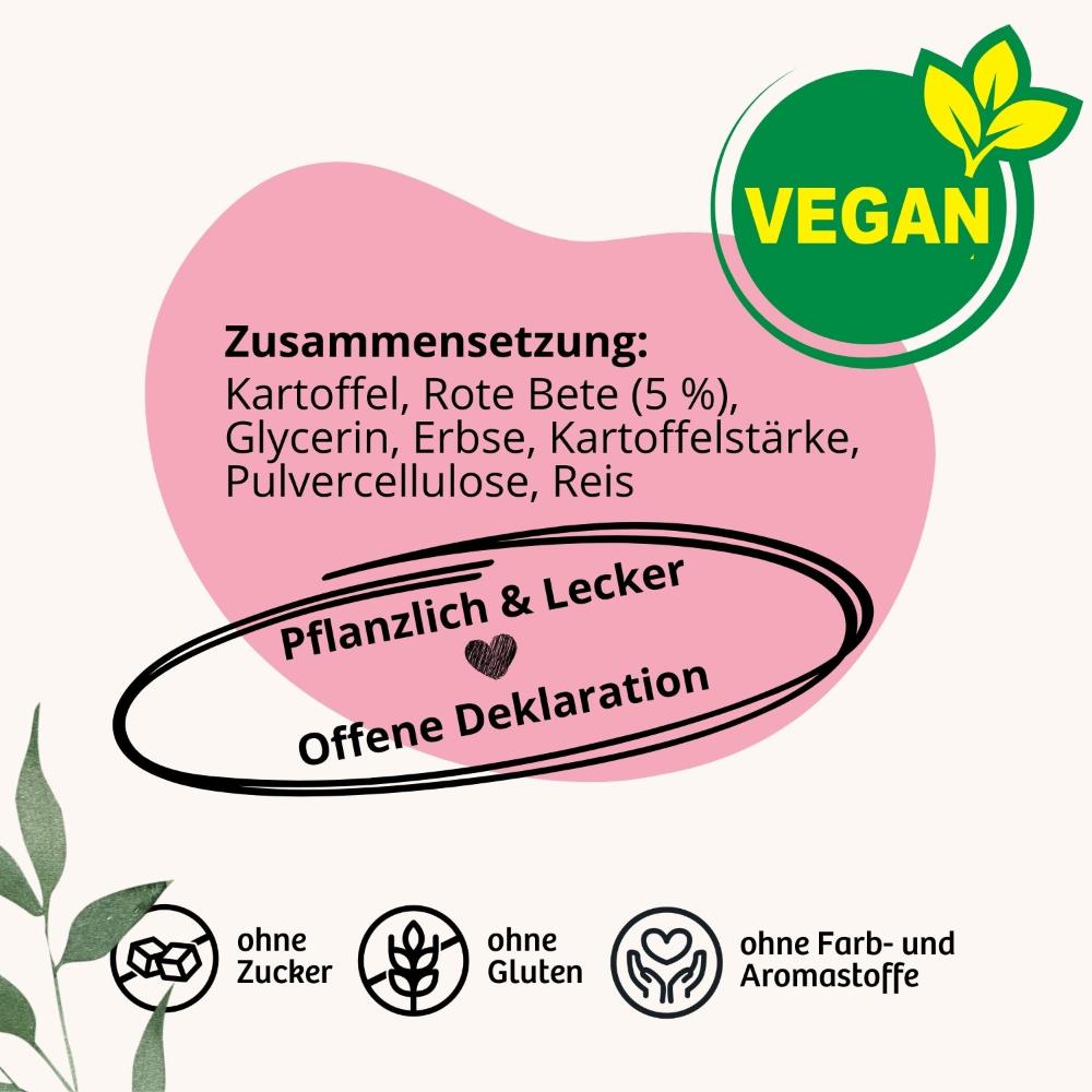 Unser veganes Hundefutter überzeugt mit einer natürlichen Zusammensetzung aus Kartoffeln, Roter Bete und Erbsen. Ohne Zucker, Gluten, Farb- und Aromastoffe – pflanzlich, lecker und offen deklariert für volle Transparenz und gesunde Ernährung.