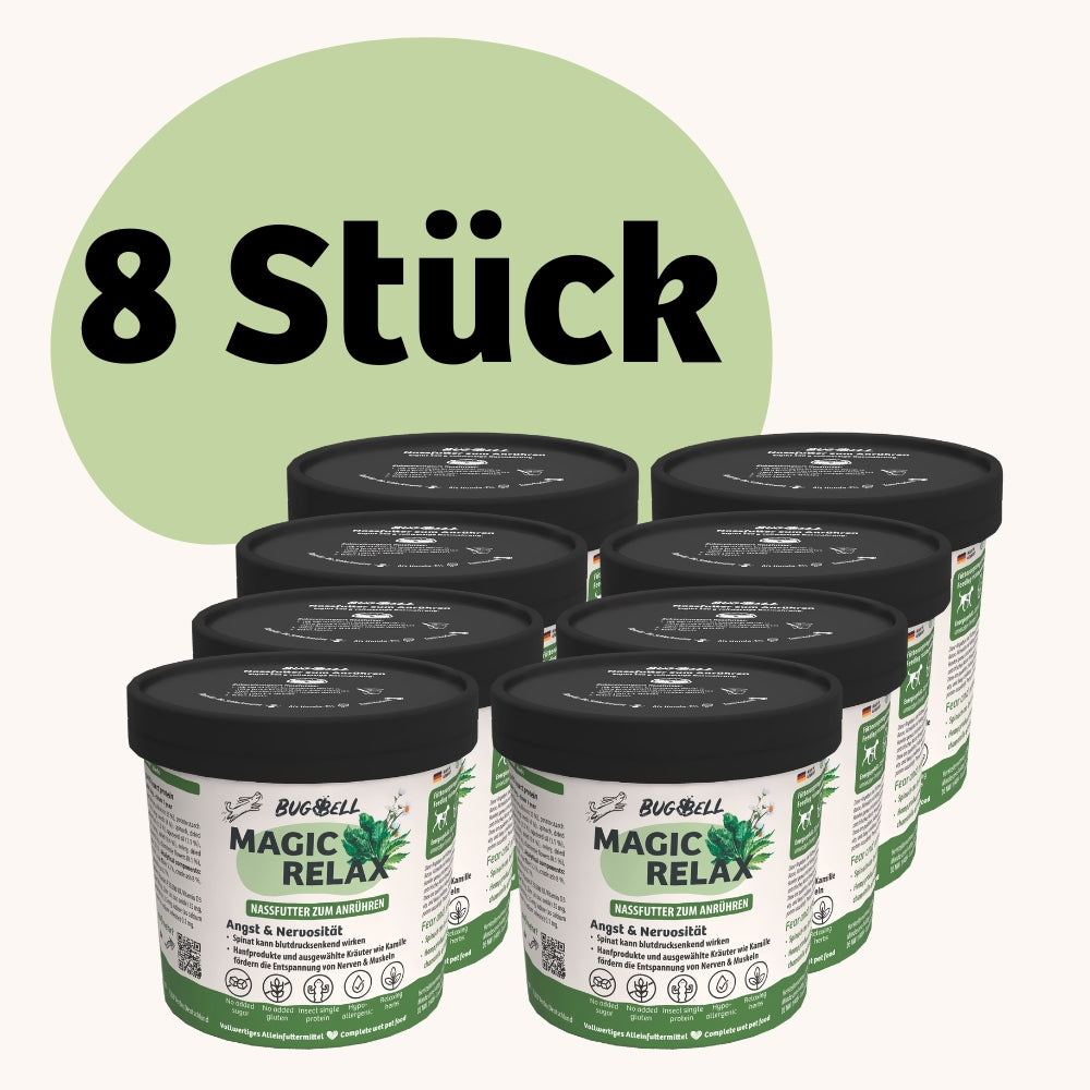 Das BugBell BugTerrine 8er Set bietet Nassnahrung mit Insektenprotein, Spinat und Hanf für optimale Entspannung und Wohlbefinden. Reich an essenziellen Nährstoffen, glutenfrei und hypoallergen – perfekt für die ausgewogene Ernährung deines Hundes.