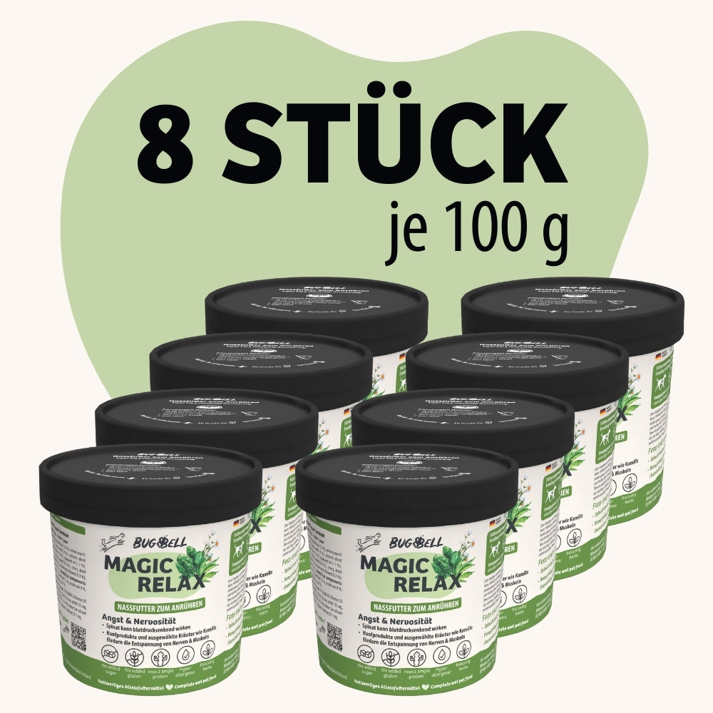Das BugBell BugTerrine 8er Set bietet Nassnahrung mit Insektenprotein, Spinat und Hanf für optimale Entspannung und Wohlbefinden. Reich an essenziellen Nährstoffen, glutenfrei und hypoallergen – perfekt für die ausgewogene Ernährung deines Hundes.