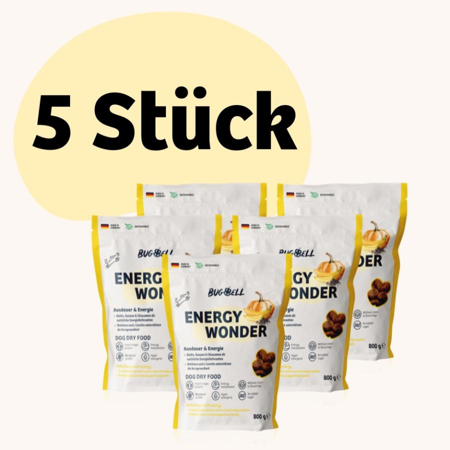 BugBell Energy Wonder Bundle (5 Stück): Trockenfutter für Hunde mit Kürbis, Banane und Chiasamen – perfekt für Ausdauer und Energie. Hypoallergen, getreidefrei und reich an Nährstoffen. Ideal für aktive Hunde und eine gesunde Ernährung!