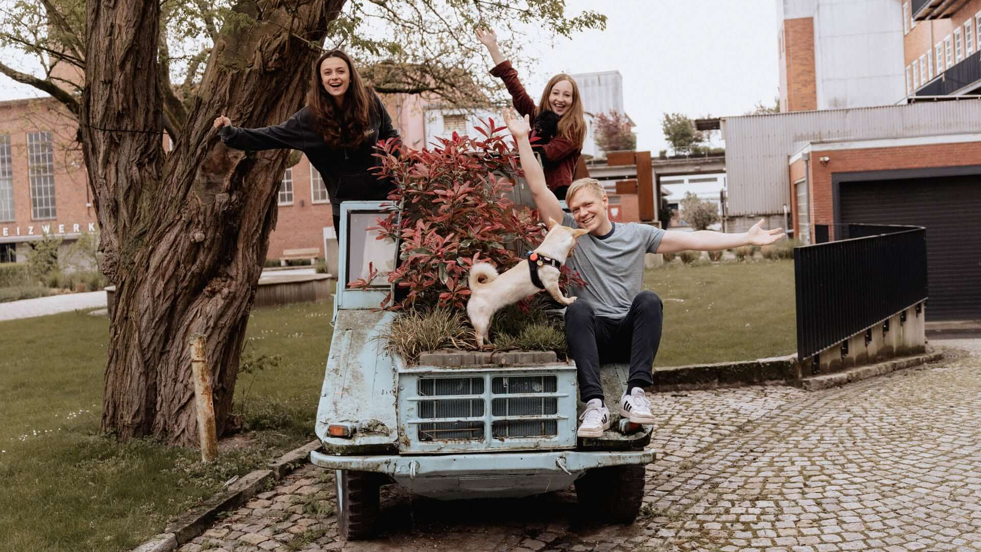 BugBell Team sitzt auf einem Auto