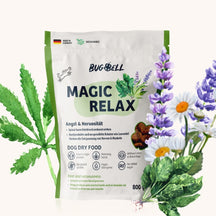 BugBell Magic Relax ist speziell entwickelt für Hunde mit Angst und Nervosität. Mit beruhigenden Kräutern wie Lavendel und Spinat zur Unterstützung der Nerven und Entspannung. Hergestellt in Deutschland, hypoallergen und ohne künstliche Zusätze – für ein entspanntes Hundeleben.