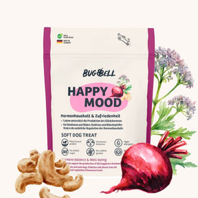 Der Happy Mood Soft Dog Treat von BugBell fördert dank Cashew die Produktion des Glückshormons, unterstützt Hündinnen und Rüden mit Baldrian und Mönchspfeffer für eine natürliche Regulation des Hormonhaushalts und bietet pflanzliches, hypoallergenes Protein ohne Zuckerzusatz und glutenfrei für das Wohlbefinden Ihres Hundes