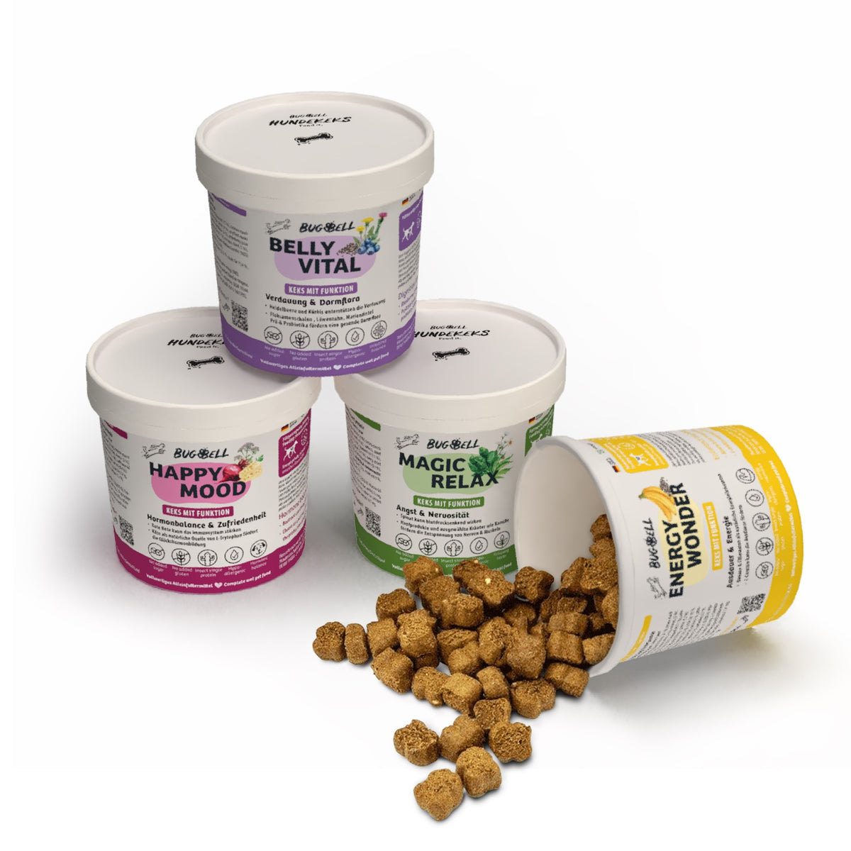 Hundekeks Probierpaket - 1x MagicRelax, 1x HappyMood, 1x EnergyWonder, 1x BellyVital