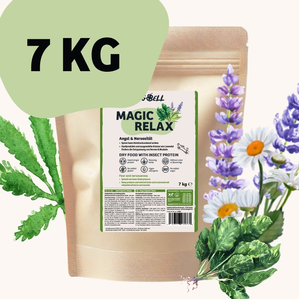 BugBell Magic Relax unterstützt Hunde mit Angst durch beruhigende Kräuter wie Lavendel und Kamille. Hypoallergenes Insektenprotein sorgt für eine sanfte, nachhaltige Ernährung – ohne künstliche Zusätze, ideal für sensible Hunde.