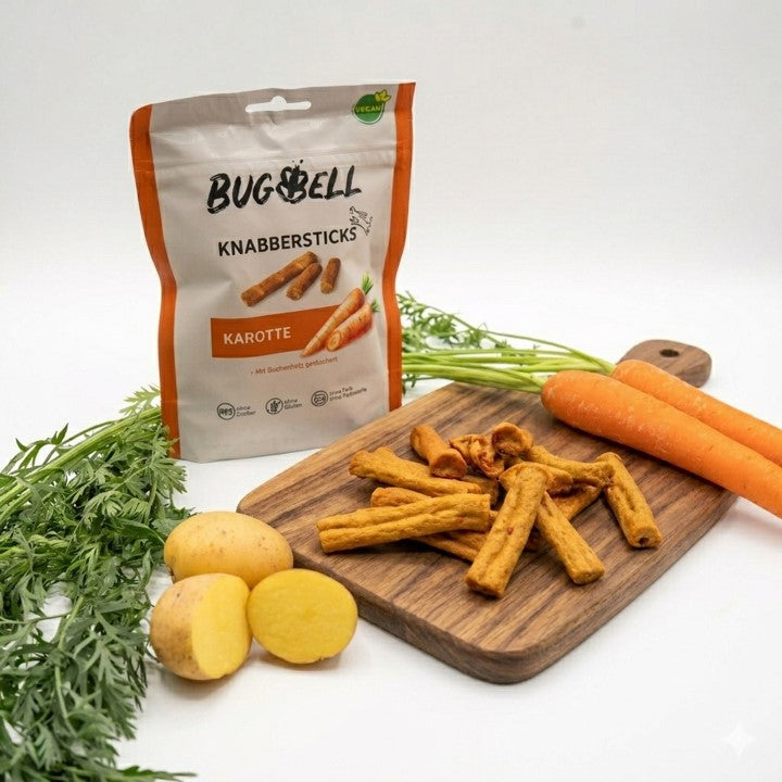 BugBell Knabbersticks Karotte: Veganer Hundesnack mit Karotten, ideal für gesunde Belohnungen. Schonend gebacken, reich an Nährstoffen und ballaststoffreich für eine gute Verdauung. Perfekter Kausnack für Hunde – natürlich, lecker und ohne künstliche Zusätze. Made in Germany.