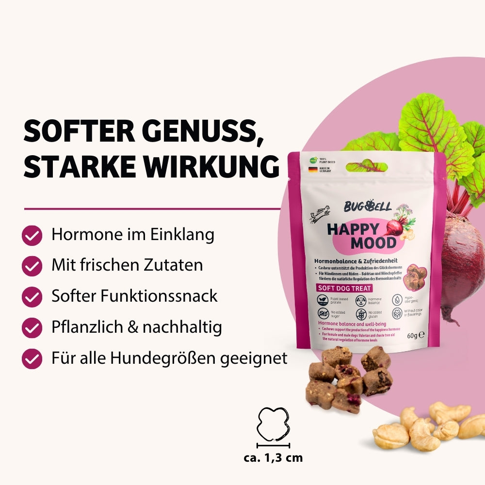 HappyMood von BugBell ist ein weicher Funktionssnack mit frischen Zutaten, der Hormone in Einklang bringt.