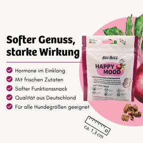 Happy Mood von BugBell ist ein weicher Funktionssnack mit frischen Zutaten, der Hormone in Einklang bringt. Dieser hochwertige Snack aus Deutschland ist für Hunde jeder Größe geeignet und bietet sanften Genuss mit starker Wirkung.