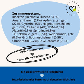 Das BugBell Hundefutter bietet eine hochwertige Zusammensetzung aus Insektenprotein (Hermetia illucens), Amaranthmehl und Superfoods wie Spirulina, Algenöl und Grünlippmuschelmehl. Mit Chondroitin und D-Glucosamin unterstützt es die Gelenkgesundheit und erfüllt als bedarfsdeckendes Futter die deutsche Richtlinie.