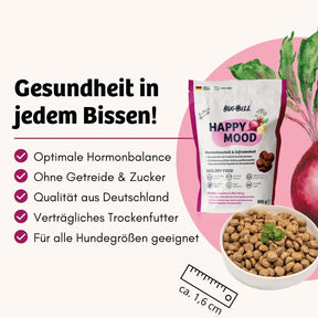 Happy Mood Trockenfutter von BugBell bietet Gesundheit in jedem Bissen. Es fördert eine optimale Hormonbalance, ist ohne Getreide und Zucker, bietet Qualität aus Deutschland und ist für Hunde jeder Größe geeignet.