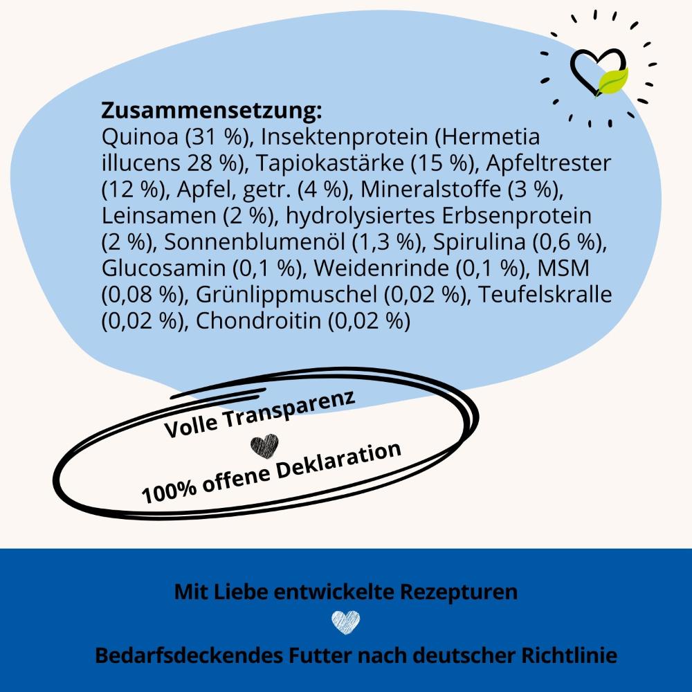 BugBell Trockenfutter enthält Quinoa und Insektenprotein für hochwertiges Eiweiß, Apfeltrester für Ballaststoffe und Sonnenblumenöl für gesunde Fette. Mit Glucosamin, Chondroitin und Grünlippmuschel zur Unterstützung der Gelenke sowie Weidenrinde und Teufelskralle für natürliche Entzündungshemmung – 100 % offene Deklaration für volle Transparenz.