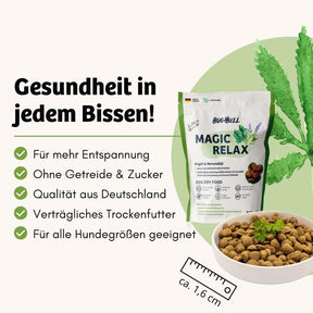 Magic Relax Trockenfutter von BugBell fördert Entspannung und Wohlbefinden bei Hunden. Es ist getreide- und zuckerfrei, bietet Qualität aus Deutschland und ist ein verträgliches Trockenfutter für Hunde jeder Größe.