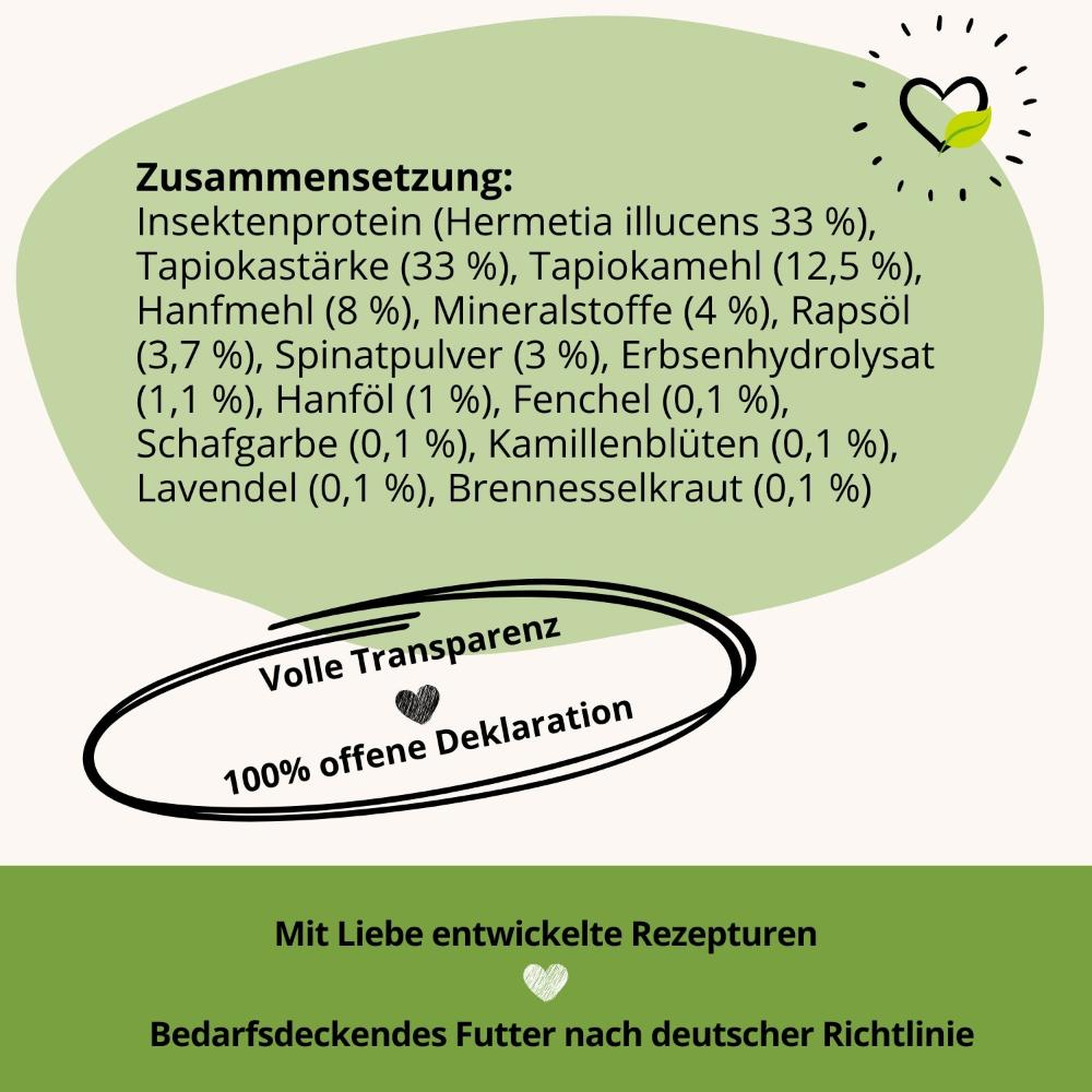 BugBell Magic Relax enthält Insektenprotein, Tapiokastärke und Hanfmehl für leicht verdauliches, nährstoffreiches Futter. Spinatpulver und Rapsöl fördern Vitalität, während Kamillenblüten, Lavendel und Brennesselkraut beruhigend wirken. 100 % offene Deklaration für Transparenz.