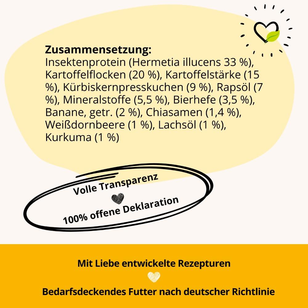 BugBell Trockenfutter mit Insektenprotein, Kartoffelflocken und Kürbiskernpresskuchen bietet hochwertige Energie. Chiasamen, Weißdornbeeren und Bierhefe fördern das Wohlbefinden, während Lachsöl und Kurkuma die Vitalität unterstützen. 100 % offene Deklaration für Vertrauen und Transparenz.