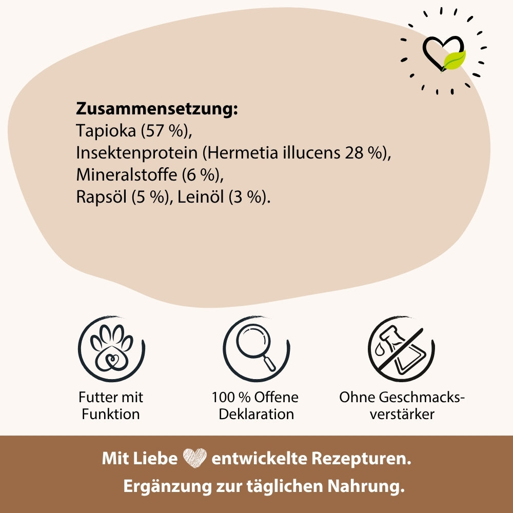 Zusammensetzung HighSensitive Trockenfutter.  Tapioka, Insektenprotein (Hermetia illucens), Rapsöl, Leinöl und Mineralstoffen. Bedarfsdeckendes, liebevoll entwickeltes Futter nach deutscher Richtlinie. Ideal für eine gesunde und nachhaltige Ernährung deines Hundes. 100 % offene Deklaration für volle Transparenz