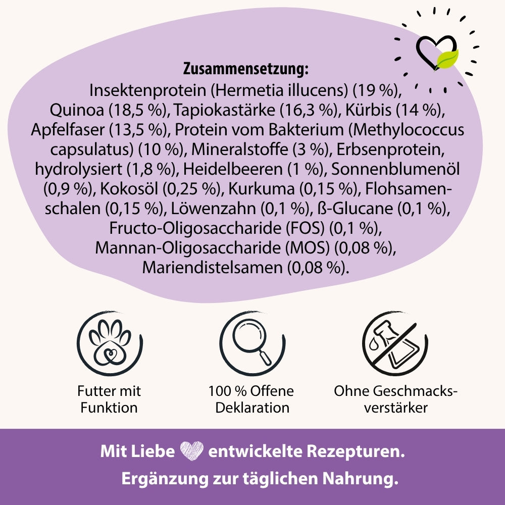 BugBell Trockenfutter mit Insektenprotein, Quinoa, Kürbis und Heidelbeeren bietet hochwertige Nährstoffe. Mit Flohsamenschalen, Kurkuma und Löwenzahn für Verdauung und Wohlbefinden. Transparente Deklaration für eine bewusste Ernährung deines Hundes.