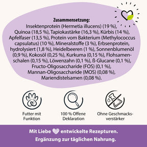 BugBell Trockenfutter mit Insektenprotein, Quinoa, Kürbis und Heidelbeeren bietet hochwertige Nährstoffe. Mit Flohsamenschalen, Kurkuma und Löwenzahn für Verdauung und Wohlbefinden. Transparente Deklaration für eine bewusste Ernährung deines Hundes.